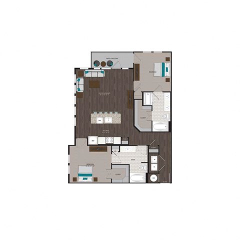 Floor plan for 2 beds, 2 baths, 1230 sqft